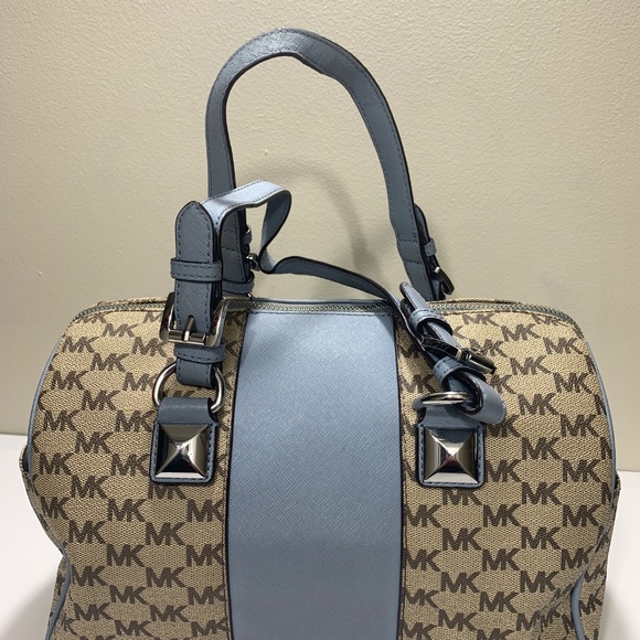 Michael Kors Bedford Satchel Handbag Blue Leather Trim MK Logo Canvas - Picture 2 of 10